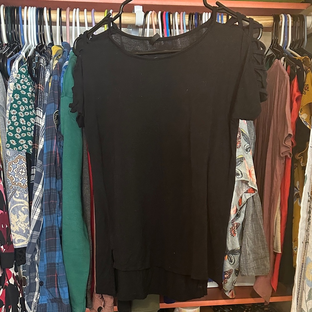 Splash Black Cold-Shoulder Ruffle Sleeve Top